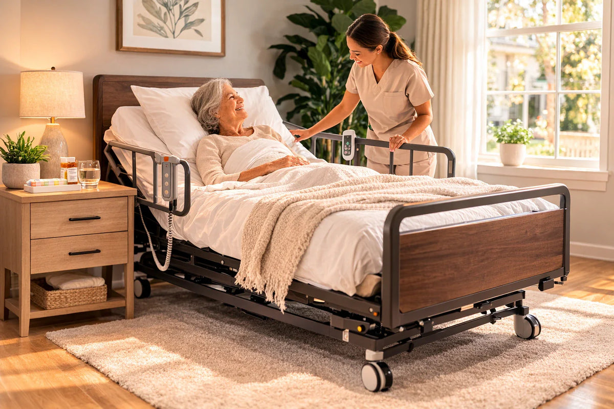 Modern hospital bed for home use in a clean residential bedroom with rails and mattress