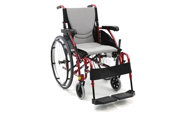 Wheelchair with red frame and gray seat on a white background