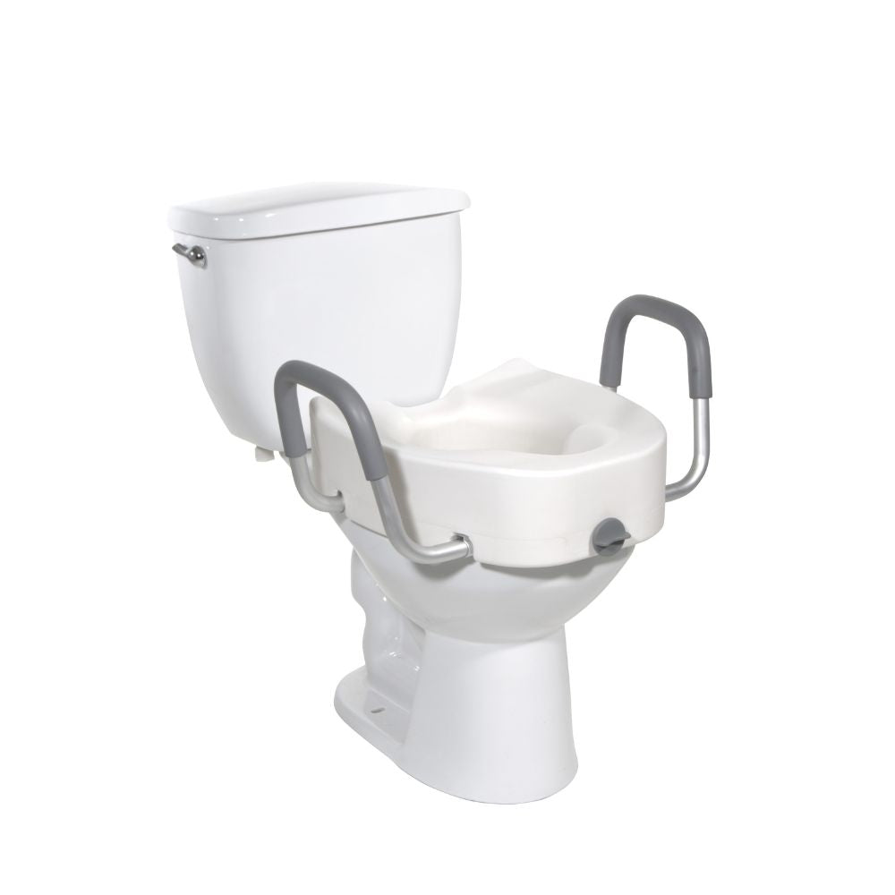 Premium Plastic Raised Toilet Seat With Lock And Padded Armrests Elongated