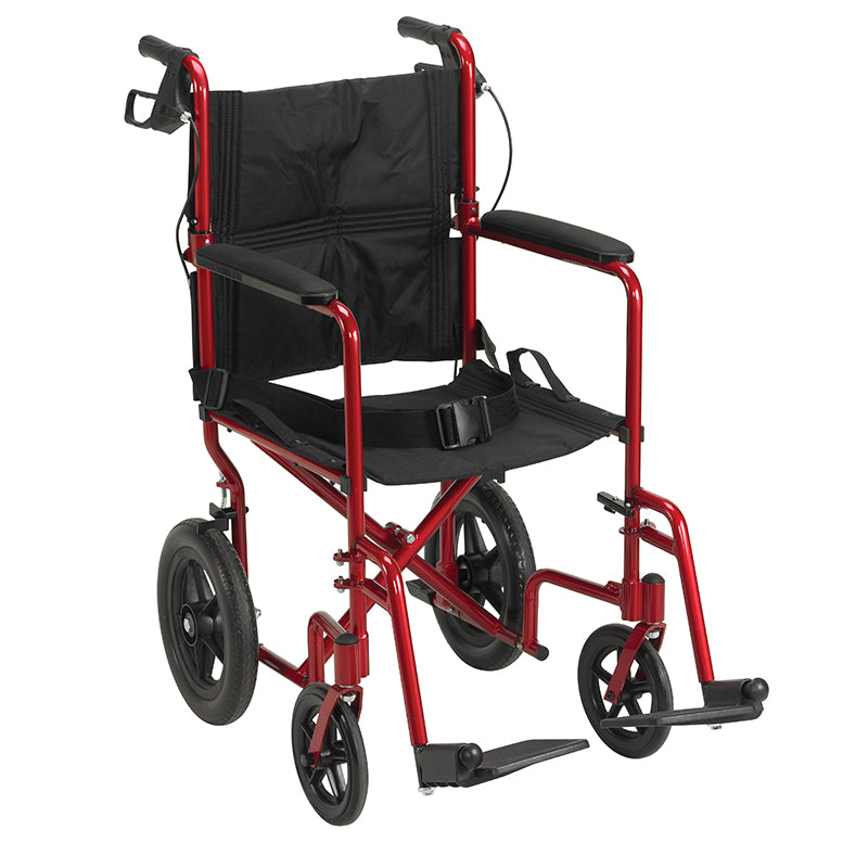 Drive Medical EXP19LTRD Lightweight Expedition Transport Wheelchair with Hand Brakes, Red