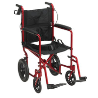 Drive Medical EXP19LTRD Lightweight Expedition Transport Wheelchair with Hand Brakes, Red